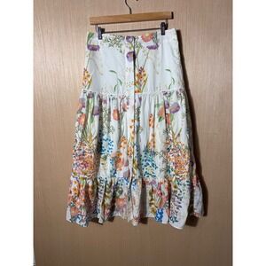 BEULAH STYLE Floral Tiered Midi Skirt Button Front White‎ Women's Size M